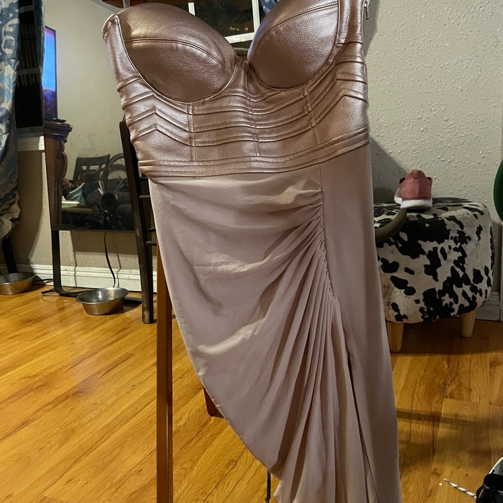 House of CB Strapless Metallic Mauve and Blush Draped Dress